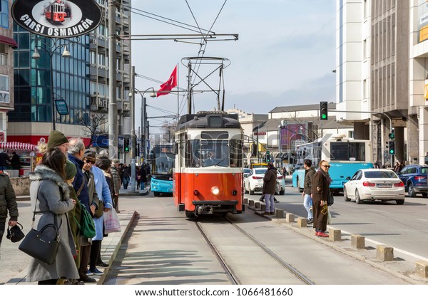 Istanbul, Turkey - March 6,\
2018: Kadikoy - Moda nostalgic tram. It is used for tourism\
purposes and to meet the transportation needs of the residents of\
the region.