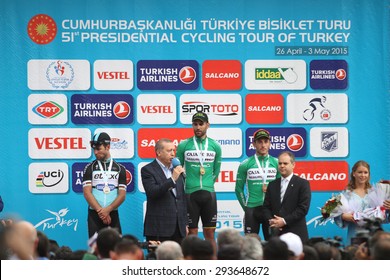 ISTANBUL, TURKEY - MAY 03, 2015: Turkish President Recep Tayyip Erdogan during the award ceremony on the podium at the 51st Presidential Cycling Tour of Turkey.