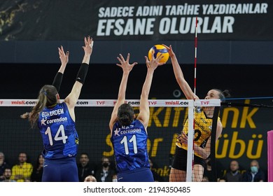 ISTANBUL, TURKEY - MAY 03, 2022: Eda Erdem Dundar And Naz Aydemir Akyol In Action During Vakifbank Vs Fenerbahce Opet Turkish Sultans League Playoff Final Match In Vakifbank Sport Hall