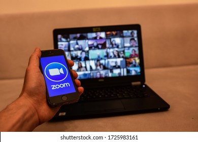 ISTANBUL, TURKEY - MAY 07, 2020: Popular Zoom Video Conference App Icon On A Mobile Device