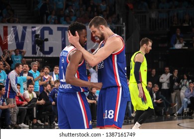 ISTANBUL / TURKEY - MAY 1, 2019: Adrien Moerman And Rodrigue Beaubois During Turkish Airlines EuroLeague 2018-19 Play-Off Game 5 Anadolu Efes Vs Barcelona Lassa At Sinan Erdem Dome.