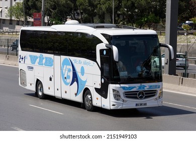 ISTANBUL, TURKEY - MAY 1, 2022: Travel Company Bus Mercedes-Benz Travego On The Road.