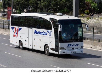 ISTANBUL, TURKEY - MAY 1, 2022: Travel Company Bus Mercedes-Benz Travego On The Road.