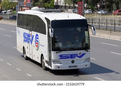 ISTANBUL, TURKEY - MAY 1, 2022: Travel Company Bus Mercedes-Benz Travego On The Road.