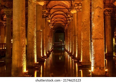 ISTANBUL, TURKEY - MAY 15, 2015: Basilica Cistern, An Underground Water Tank Built In The 6th Century By The Byzantine Emperor Justinian. Istanbul, Turkey.