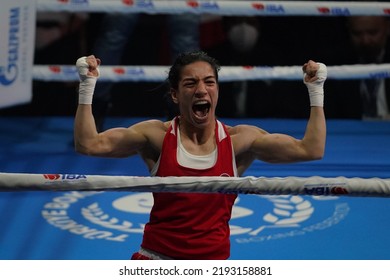 ISTANBUL, TURKEY - MAY 19, 2022: Cagirir Ayse (Red) And Balkibekova Alua (Blue) Compete During IBA Womens World Boxing Championships