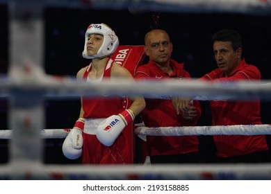 ISTANBUL, TURKEY - MAY 19, 2022: Cagirir Ayse (Red) And Balkibekova Alua (Blue) Compete During IBA Womens World Boxing Championships