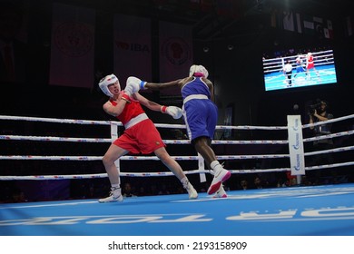 ISTANBUL, TURKEY - MAY 19, 2022: ORourke Lisa Edel (Red) And Panguane Alcinda Helena (Blue) Compete During IBA Womens World Boxing Championships