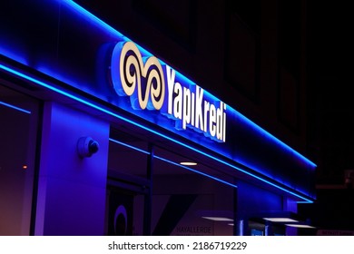 ISTANBUL, TURKEY - MAY 20, 2022: Selective Blur On A Yapi Kredi Logo On An Office In Istanbul At Night. Yapi Kredi Bankasi Is A Turkish Retail Banking Group Spread In Europe And Asia.



