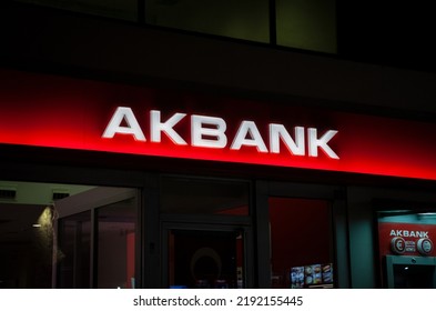 ISTANBUL, TURKEY - MAY 20, 2022: Selective Blur On A Akbank Logo On An Office In Istanbul At Night. Akbank TAS Is A Turkish Retail Banking Part Of Sabanci Group Spread In Europe And Asia.



