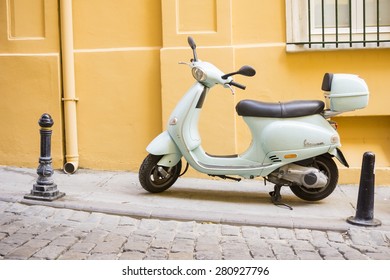 Istanbul, Turkey - May 23, 2015: A Vespa Motorcycle Is Produced By Piaggio & Co. S.p.A. In Italy. This Vespa Motorcycle Has 150cc Engine, Traction Control System And ABS Brakes. 