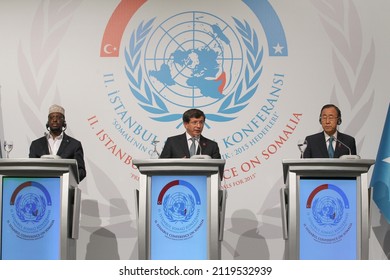 Istanbul, Turkey - May 29, 2012: UN Secretary General Ban Ki Moon, Turkish Prime Minister Ahmet Davutoğlu And Somali President Şeyh Şerif Ahmed Attended The Somalia Conference Held In Istanbul.