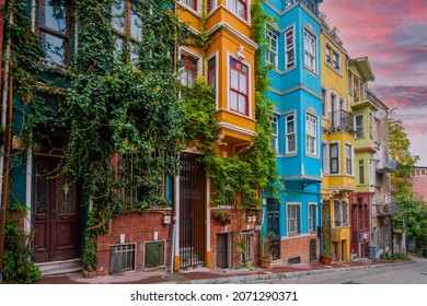 Istanbul, Turkey - November 01, 2021 : Balat district street view in Istanbul. Balat is popular tourist attraction in Istanbul, Turkey.