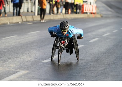 ISTANBUL, TURKEY - NOVEMBER 13, 2016: Paralympic Athlete Run In 38. Istanbul Marathon Which Includes Two Continents In One Race. Marathon Starts On The Asian Side And Finishs In European Istanbul.