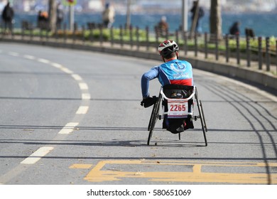 ISTANBUL, TURKEY - NOVEMBER 13, 2016: Paralympic Athlete Run In 38. Istanbul Marathon Which Includes Two Continents In One Race. Marathon Starts On The Asian Side And Finishs In European Istanbul.