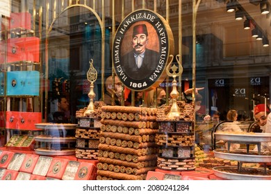 ISTANBUL, TURKEY - NOVEMBER 19, 2021: HAFIZ MUSTAFA HAKKI ZADE 1864 Confectionery is famous historical dessert company in Taksim Istiklal Street. Beyoglu, Istanbul.