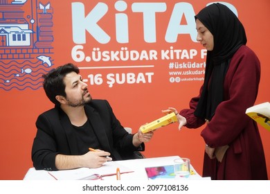 ISTANBUL, Turkey - NOVEMBER 2019: Kaan Murat Yanık signed a book at Üsküdar Book Fair in 2019