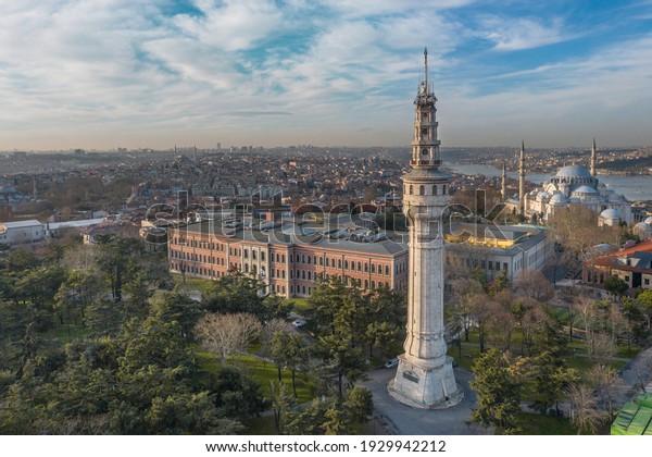 Istanbul, Turkey - November 2020 : Ancient\
Medieval Fire Tower (Turkish: Yangın Kulesi) of Istanbul\
University. It located at the centre of Istanbul University Beyazit\
Central Campus. Beyazit\
Tower\
