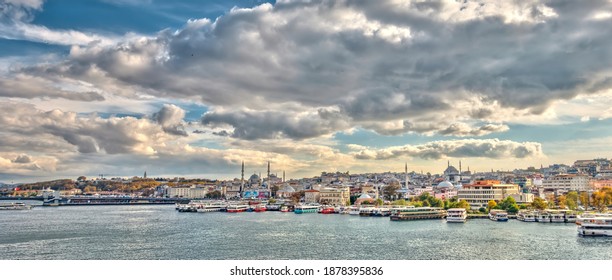 Istanbul, Turkey - November 2020 : Cityscape And The Golden Horn In Autumn, HDR Image