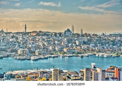 Istanbul, Turkey - November 2020 : Cityscape And The Golden Horn In Autumn, HDR Image