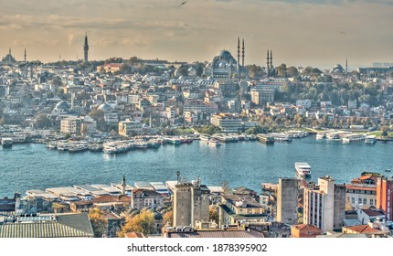 Istanbul, Turkey - November 2020 : Cityscape And The Golden Horn In Autumn, HDR Image