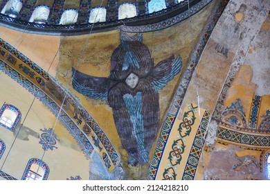 ISTANBUL, TURKEY - November 22, 2021: The Famous AyaSophia Mosque. Byzantine Painting. The History Of Byzantium And The Ottoman Empire.