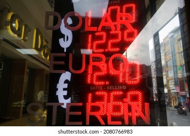 Istanbul, Turkey - November 24, 2021: A Foreign Currency Exchange Board Is Seen In Kadikoy District. The Turkish Lira Set A New Record Low Trading At 12 Against The US Dollar.