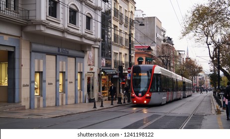 Istanbul, TURKEY - November 25, 2018: Modern And Colored Tram In Istanbul