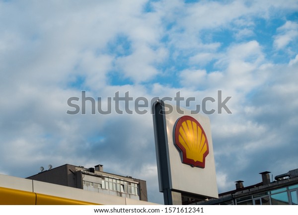 Istanbul, Turkey - November 26, 2019:  The emblem\
of the Royal Dutch Shell oil company. Shell is an Anglo-Dutch\
multinational oil and gas\
company