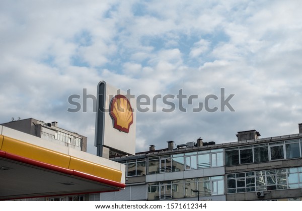 Istanbul, Turkey - November 26, 2019:  The emblem\
of the Royal Dutch Shell oil company. Shell is an Anglo-Dutch\
multinational oil and gas\
company