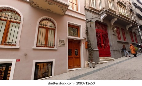Istanbul, Turkey November 27, 2021: View from Beyoglu streets, generic architecture in Istanbul most popular district. Jurnal Street, Beyoglu ( Jurnal Sokak, Asmalı Mescit, Beyoğlu)