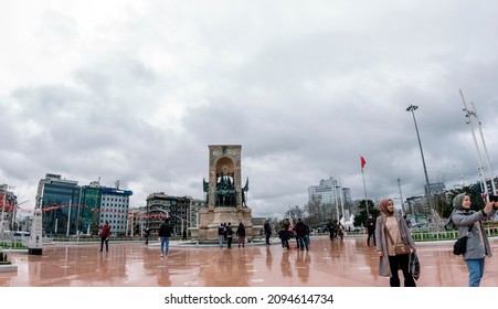 Istanbul, Turkey November 27, 2021: Taksim Square, Republic Monument (Taksim Cumhuriyet Anıtı) in Beyoglu a popular tourist destination in Istanbul.