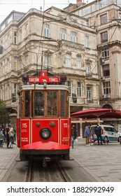 ISTANBUL, TURKEY - NOVEMBER 30, 2020: Historical Red Tram Driver With Medical Face Mask