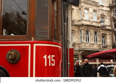 ISTANBUL, TURKEY - NOVEMBER 30, 2020: Historical Red Tram Driver With Medical Face Mask