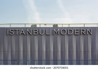 ISTANBUL TURKEY NOVEMBER 6, 2021, Sign at the entrance indicating Istanbul Museum of Modern Art new space in Galataport, Karakoy, Beyoglu district (Istanbul Modern yeni mekanı, Beyoğlu )   
