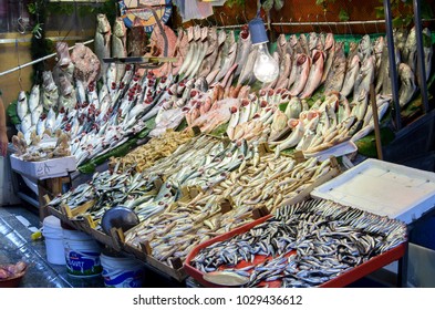 Istanbul, Turkey - October 05, 2015: Fish Shop In The Kadikoy Market In Instanbul