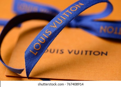 Istanbul, Turkey - October 07, 2017: French fashion designer Louis Vuitton gift pack close up. 