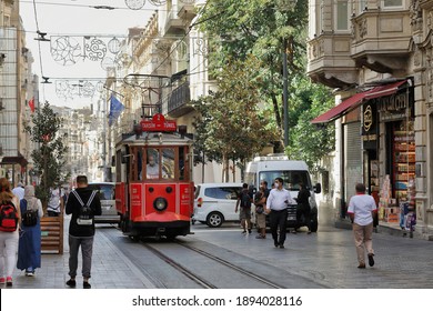 ISTANBUL, TURKEY - OCTOBER 07, 2020. Heritage tram on the Istiklal Avenue, on the Taksim-Tunel Nostalgia Tramway. Beyoglu district, city of Istanbul, Turkey.