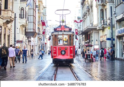 ISTANBUL, TURKEY – October 11, 2019 :Nostalgic traditional Red Tram in Beyoglu. Tramway line operates on Istiklal Street (popular destination in Istanbul) between Taksim Square and underground railway