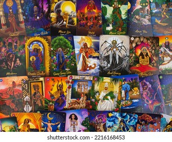 Istanbul, Turkey - October 18, 2022: African Goddess Oracle Cards For Divine Guidance, Wisdom And Healing. Tarot Mind Reading Prediction Future Telling Orishas Woman God Deity Divination Prophecy Card