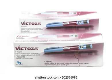ISTANBUL, TURKEY - October 19, 2016: Victoza Insulin group emerging from a medication for diabetes patients. studio shot on a white background in Viktoza box. Diabetes drugs.