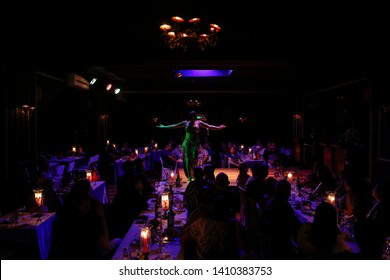 ISTANBUL, TURKEY - OCTOBER 20, 2015: Famous Turkish belly dancer Asena dancing on stage at the night club in downtown.
