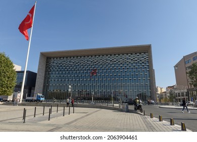 ISTANBUL, TURKEY, OCTOBER 24, 2021: Exterior view of newly constructed Ataturk Kultur Merkezi (Culture Center), a multi-purpose cultural center and opera house, but an icon of Istanbul.