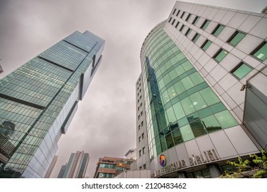 ISTANBUL, TURKEY - OCTOBER 27, 2014: Skyscrapers And Modern Office Buildings In Istanbul Atasehir As Seen From The Street Level