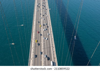 Istanbul, Turkey - October 4, 2011: Bosphorus Bridge (aka: 15 July Martyrs Bridge. Turkish: 15 Temmuz Sehitler Koprusu). Top View From The Sky. Aerial Photo. City Scape From Bird Sight.