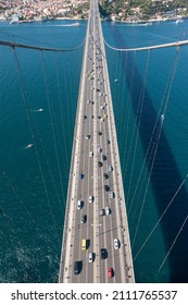 Istanbul, Turkey - October 4, 2011: Bosphorus Bridge (aka: 15 July Martyrs Bridge. Turkish: 15 Temmuz Sehitler Koprusu). Top View From The Sky. Aerial Photo. City Scape From Bird Sight.