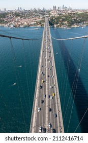 Istanbul, Turkey - October 4, 2011: Bosphorus Bridge (aka: 15 July Martyrs Bridge. Turkish: 15 Temmuz Sehitler Koprusu). Top View From The Sky. Aerial Photo. City Scape From Bird Sight.