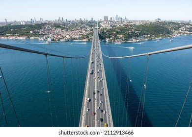 Istanbul, Turkey - October 4, 2011: Bosphorus bridge (aka: 15 July Martyrs Bridge. Turkish: 15 Temmuz Sehitler Koprusu). Top view from the sky. Aerial photo. City scape from bird sight.