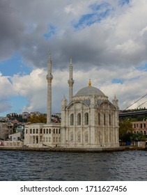 Istanbul, Turkey – October 6, 2019: View On Ortakoy Mosque (Grand Imperial Mosque Of Sultan Abdülmecid) From Bosphorus Strait In Istanbul, Turkey