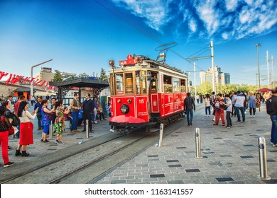 ISTANBUL, TURKEY: Old-fashioned Red Tram At Taksim Square - The Most Popular Destination In Istanbul. Nostalgic Tram Is The Heritage Tramway System, On April 26, 2018